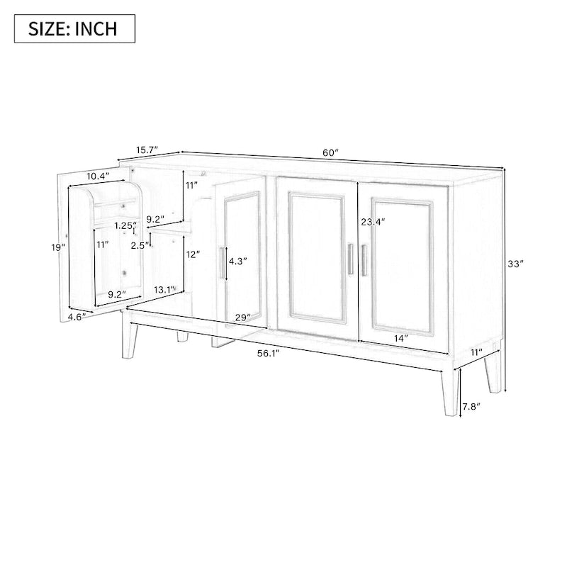 4-Door Sideboard Storage Cabinet with Adjustable Shelves and Cable Holes - 60W x 15.7D x 33H