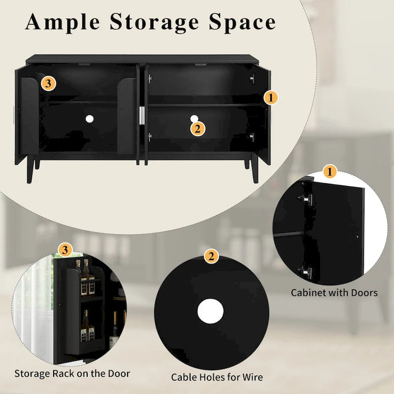 4-Door Sideboard Storage Cabinet with Adjustable Shelves and Cable Holes - 60W x 15.7D x 33H