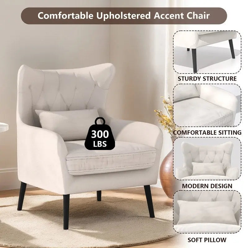 Wide Velvet Wingback Accent Chair with Tufted Button Detail - 30.3W x 28.3D x 37.7H