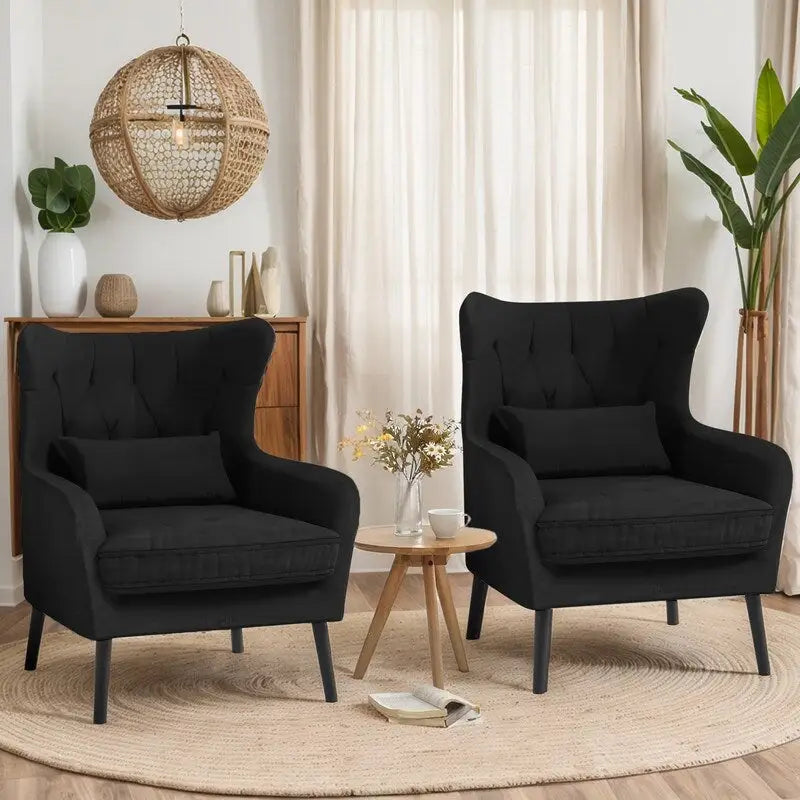 Wide Velvet Wingback Accent Chair with Tufted Button Detail - 30.3W x 28.3D x 37.7H