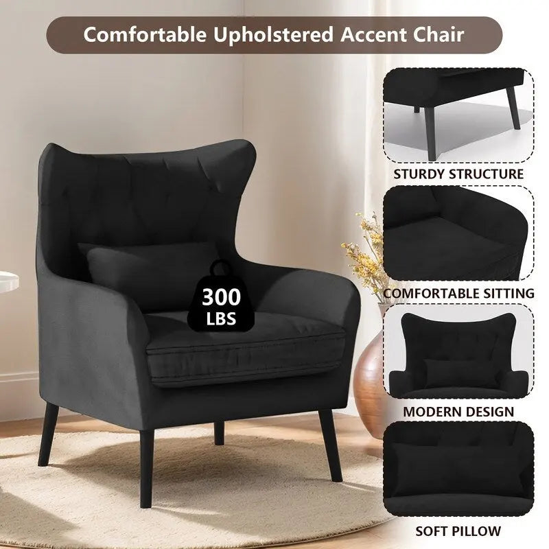 Wide Velvet Wingback Accent Chair with Tufted Button Detail - 30.3W x 28.3D x 37.7H