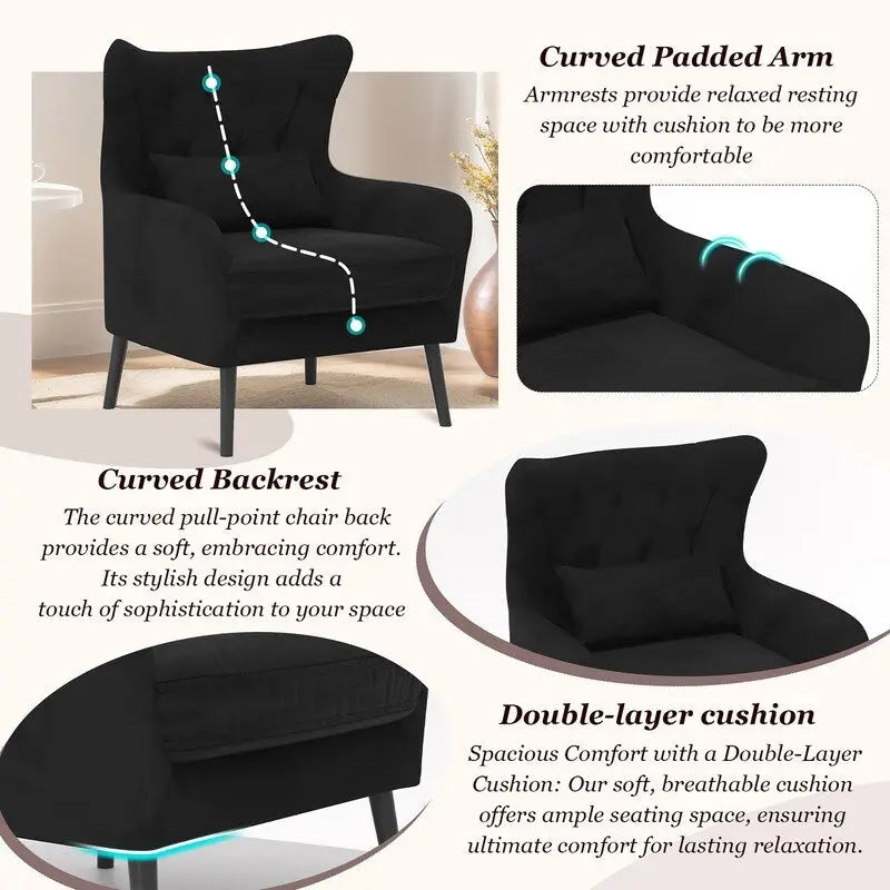 Wide Velvet Wingback Accent Chair with Tufted Button Detail - 30.3W x 28.3D x 37.7H