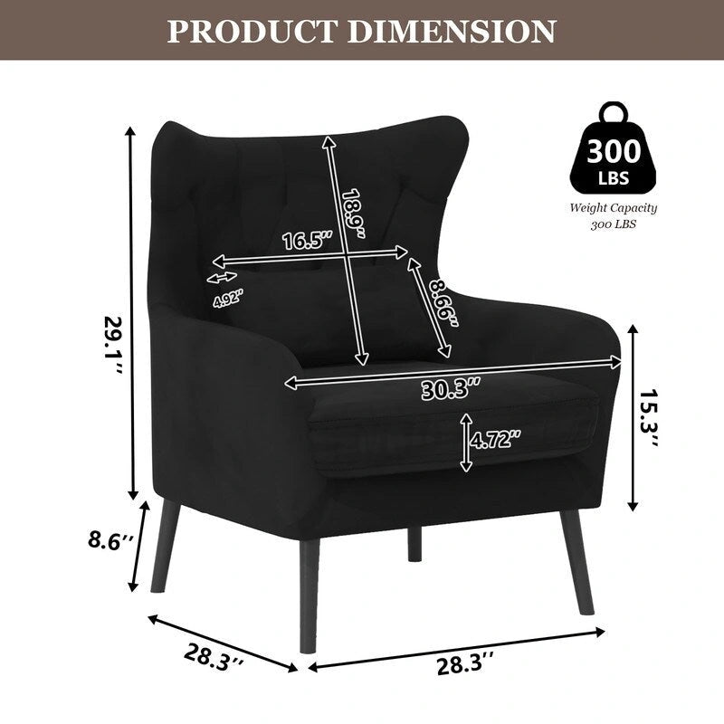 Wide Velvet Wingback Accent Chair with Tufted Button Detail - 30.3W x 28.3D x 37.7H