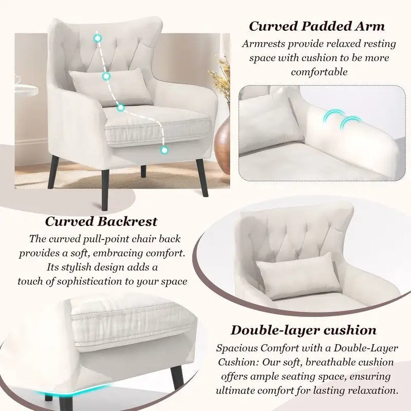 Wide Velvet Wingback Accent Chair with Tufted Button Detail - 30.3W x 28.3D x 37.7H