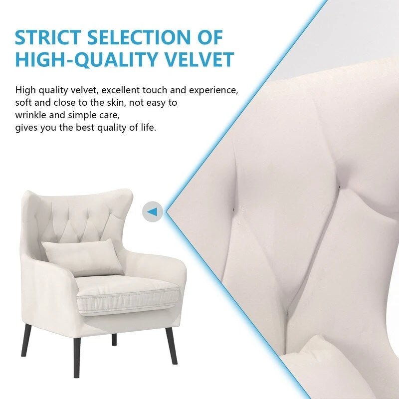 Wide Velvet Wingback Accent Chair with Tufted Button Detail - 30.3W x 28.3D x 37.7H