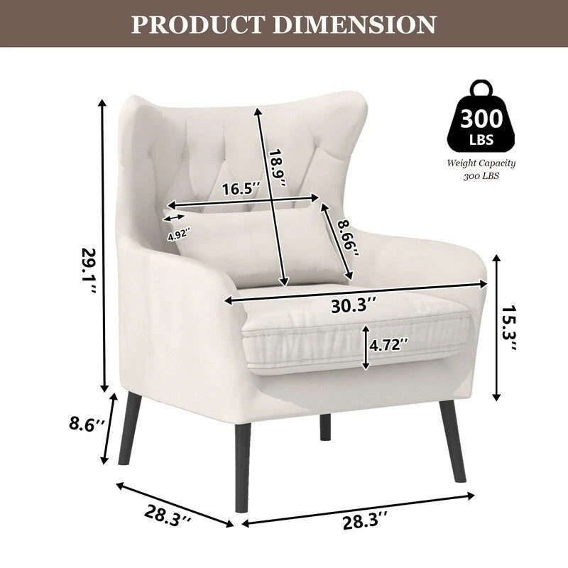 Wide Velvet Wingback Accent Chair with Tufted Button Detail - 30.3W x 28.3D x 37.7H