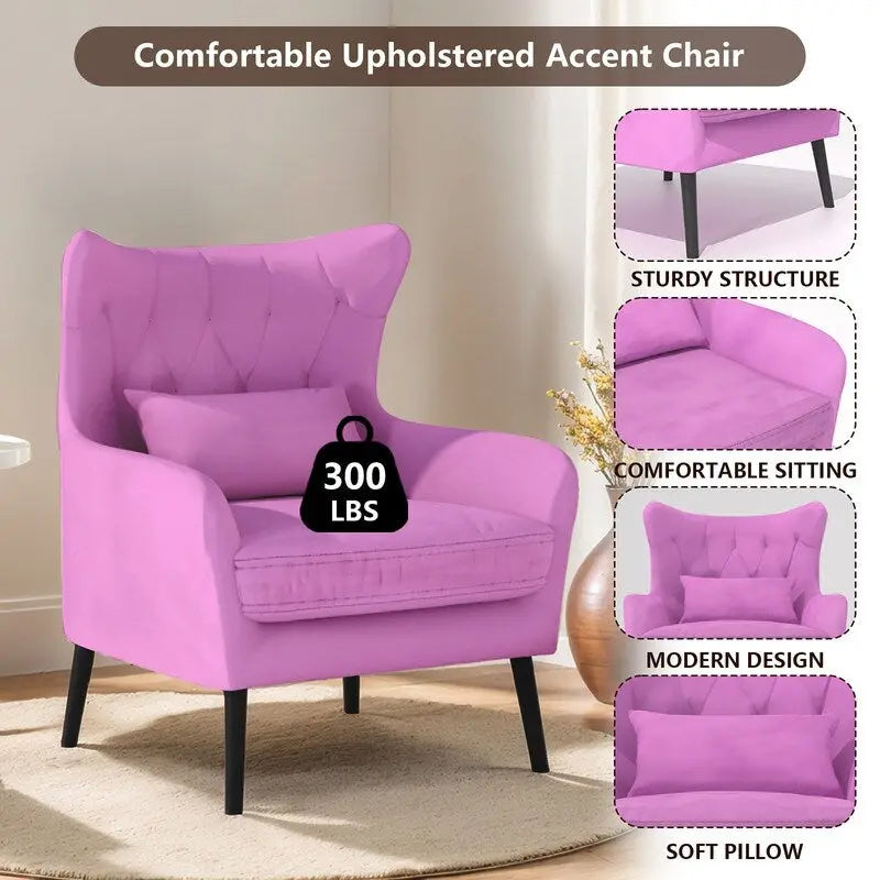 Wide Velvet Wingback Accent Chair with Tufted Button Detail - 30.3W x 28.3D x 37.7H