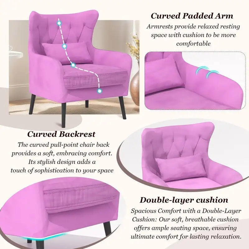 Wide Velvet Wingback Accent Chair with Tufted Button Detail - 30.3W x 28.3D x 37.7H