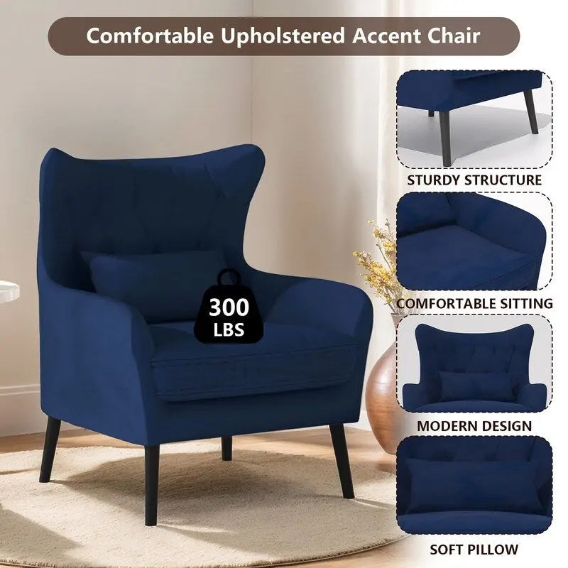 Wide Velvet Wingback Accent Chair with Tufted Button Detail - 30.3W x 28.3D x 37.7H