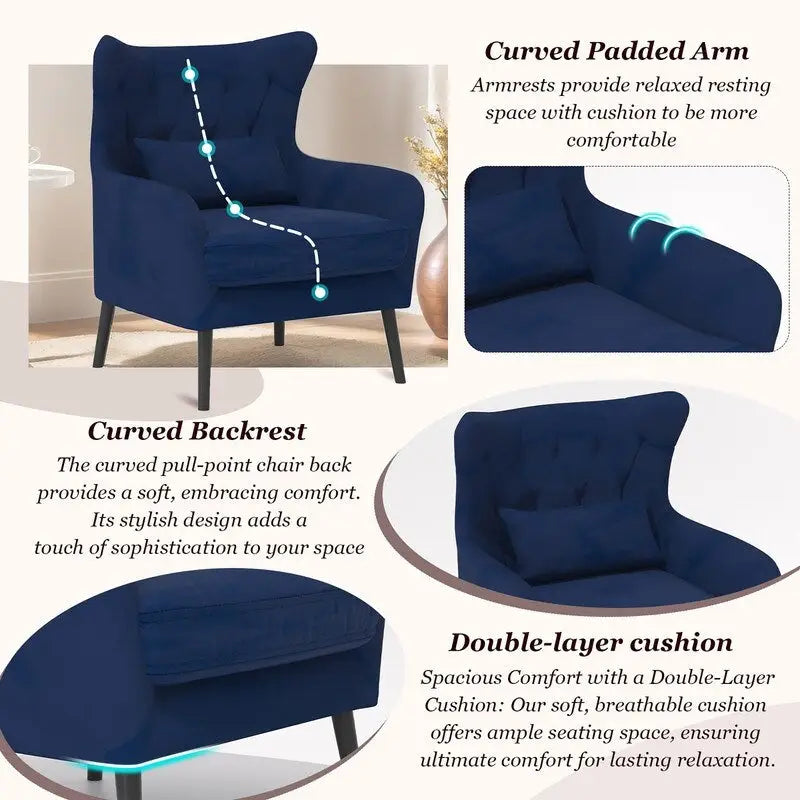 Wide Velvet Wingback Accent Chair with Tufted Button Detail - 30.3W x 28.3D x 37.7H