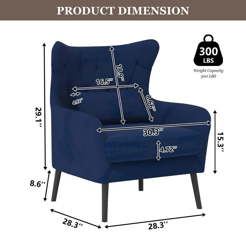 Wide Velvet Wingback Accent Chair with Tufted Button Detail - 30.3W x 28.3D x 37.7H
