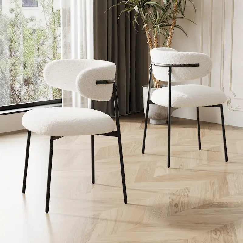 Dining Chairs Set of 2 - White Teddy Velvet with Black Metal Legs