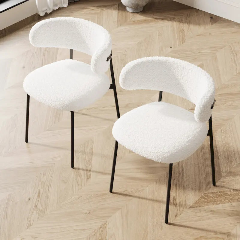 Dining Chairs Set of 2 - White Teddy Velvet with Black Metal Legs