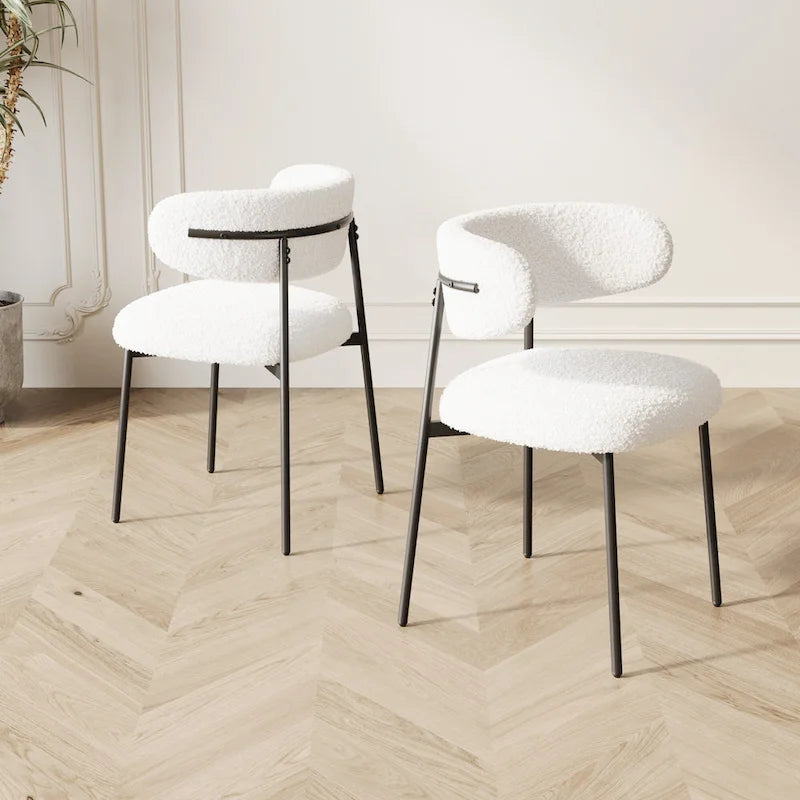 Dining Chairs Set of 2 - White Teddy Velvet with Black Metal Legs