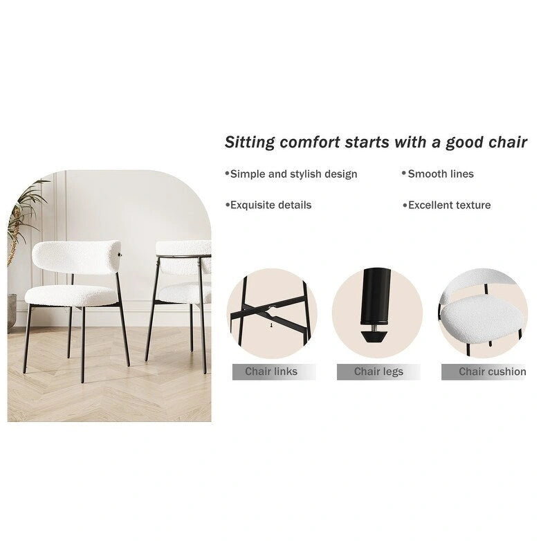 Dining Chairs Set of 2 - White Teddy Velvet with Black Metal Legs
