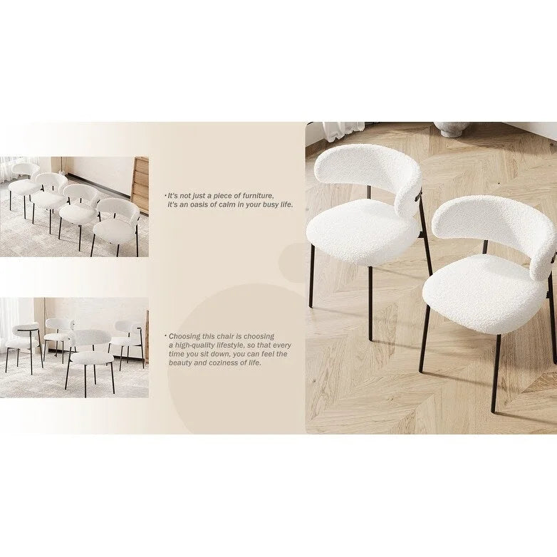 Dining Chairs Set of 2 - White Teddy Velvet with Black Metal Legs