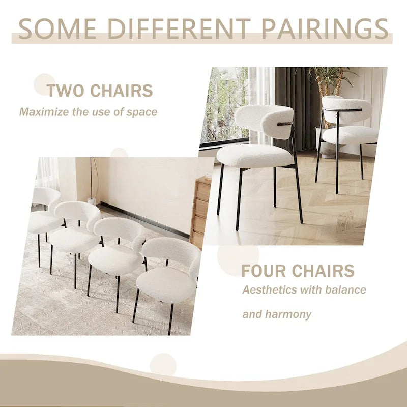 Dining Chairs Set of 2 - White Teddy Velvet with Black Metal Legs