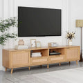 Rattan TV Stand for up to 85" TVs - Farmhouse Media Console with Solid Wood Legs