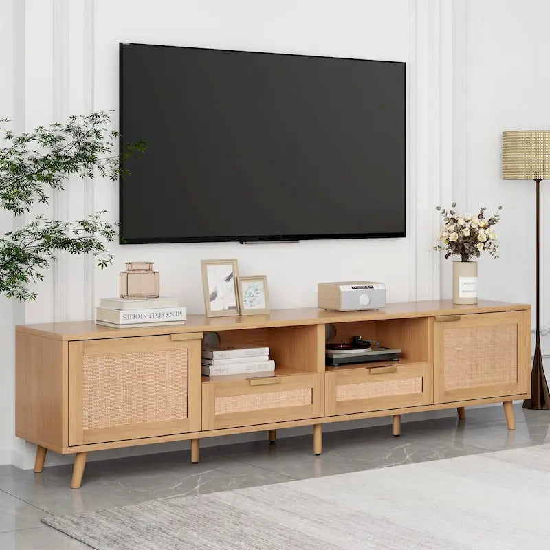 Rattan TV Stand for up to 85" TVs - Farmhouse Media Console with Solid Wood Legs
