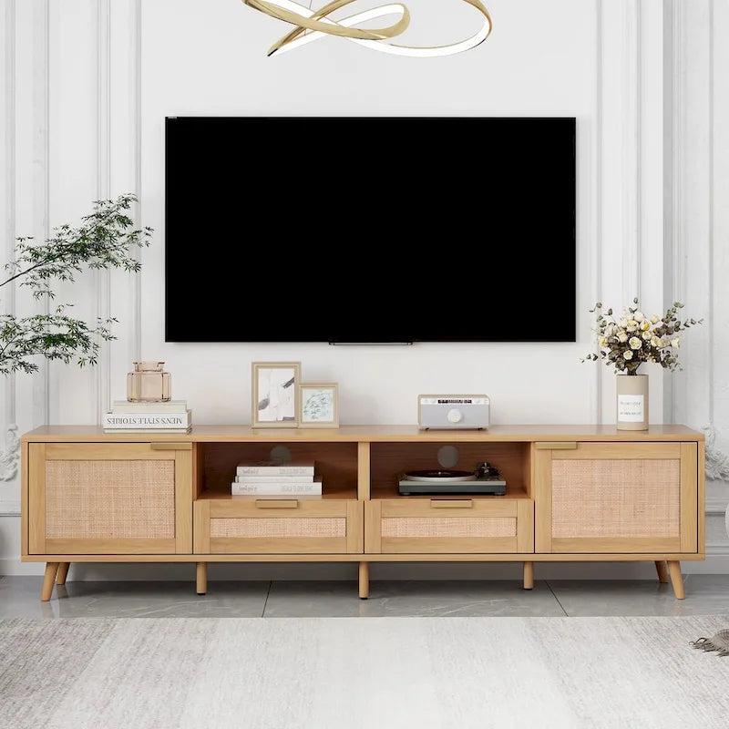 Rattan TV Stand for up to 85" TVs - Farmhouse Media Console with Solid Wood Legs