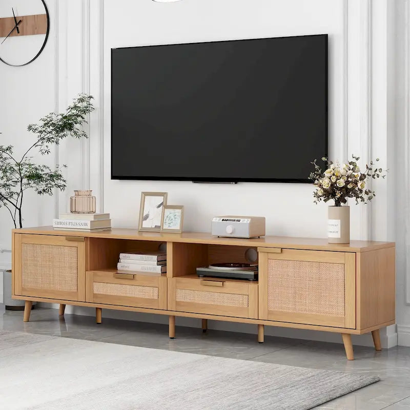 Rattan TV Stand for up to 85" TVs - Farmhouse Media Console with Solid Wood Legs
