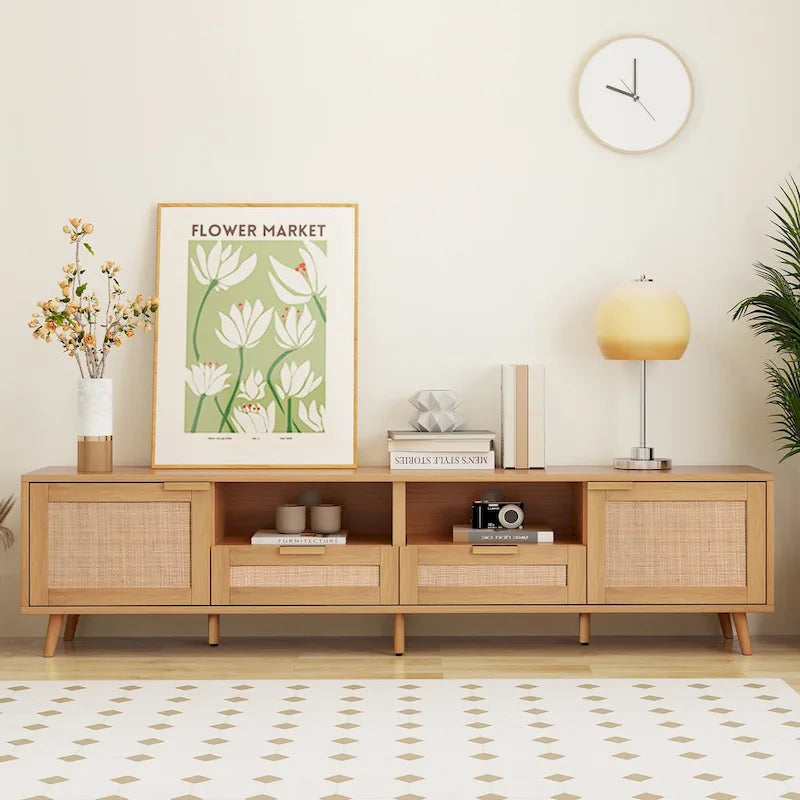 Rattan TV Stand for up to 85" TVs - Farmhouse Media Console with Solid Wood Legs