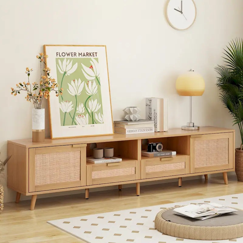 Rattan TV Stand for up to 85" TVs - Farmhouse Media Console with Solid Wood Legs
