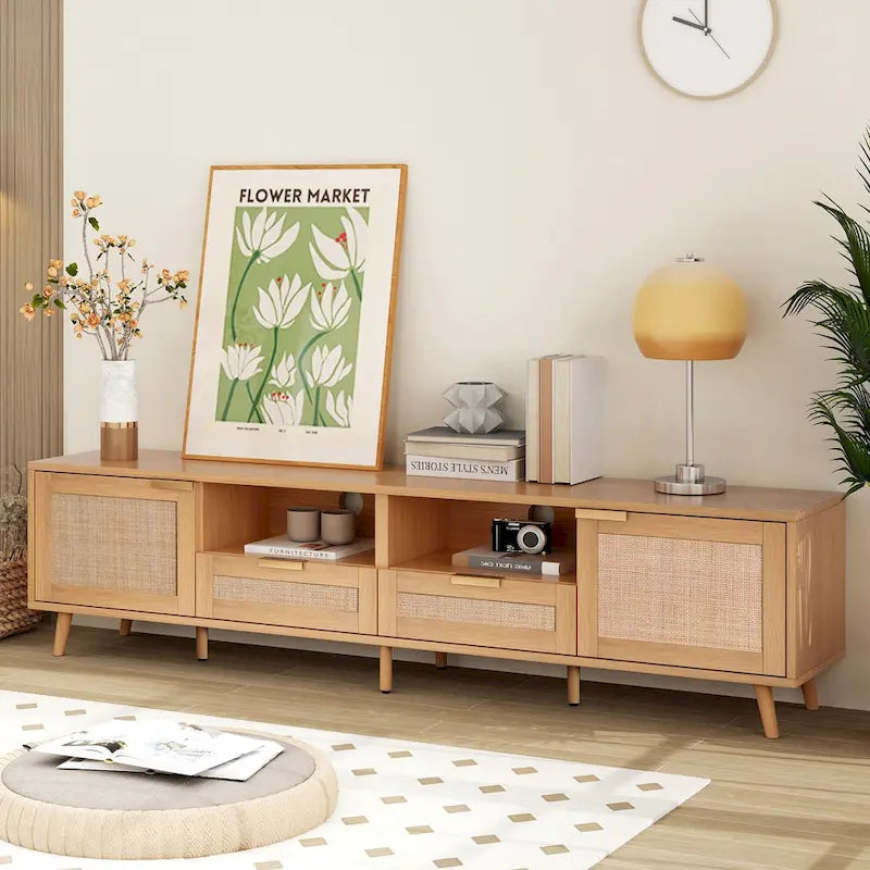 Rattan TV Stand for up to 85" TVs - Farmhouse Media Console with Solid Wood Legs