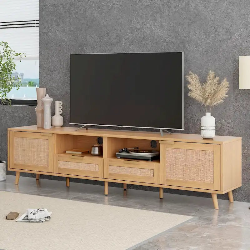 Rattan TV Stand for up to 85" TVs - Farmhouse Media Console with Solid Wood Legs