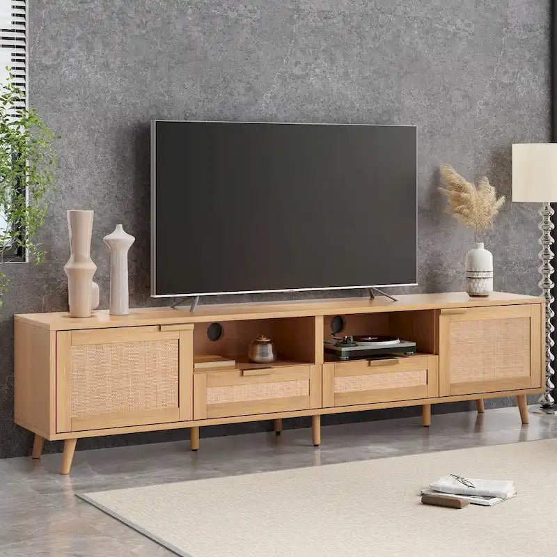 Rattan TV Stand for up to 85" TVs - Farmhouse Media Console with Solid Wood Legs