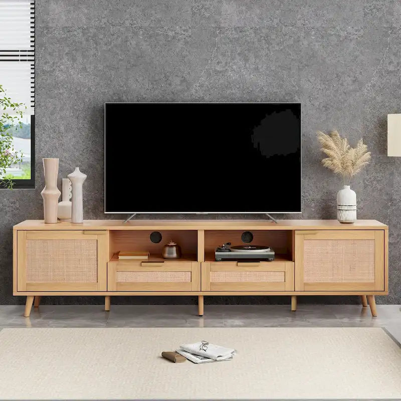 Rattan TV Stand for up to 85" TVs - Farmhouse Media Console with Solid Wood Legs