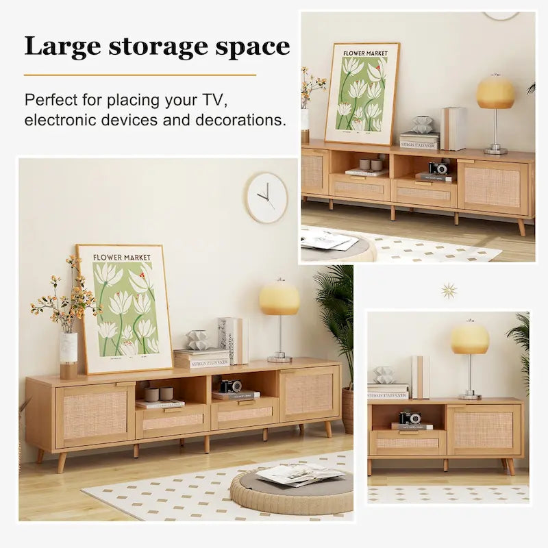 Rattan TV Stand for up to 85" TVs - Farmhouse Media Console with Solid Wood Legs