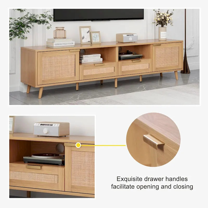 Rattan TV Stand for up to 85" TVs - Farmhouse Media Console with Solid Wood Legs