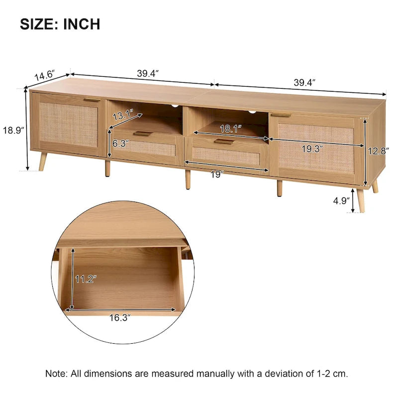 Rattan TV Stand for up to 85" TVs - Farmhouse Media Console with Solid Wood Legs
