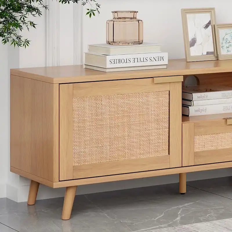 Rattan TV Stand for up to 85" TVs - Farmhouse Media Console with Solid Wood Legs