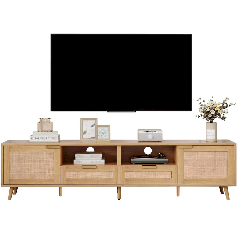 Rattan TV Stand for up to 85" TVs - Farmhouse Media Console with Solid Wood Legs