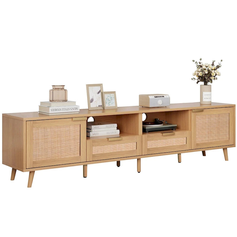 Rattan TV Stand for up to 85" TVs - Farmhouse Media Console with Solid Wood Legs