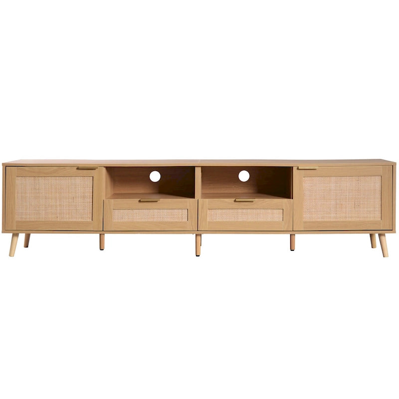 Rattan TV Stand for up to 85" TVs - Farmhouse Media Console with Solid Wood Legs