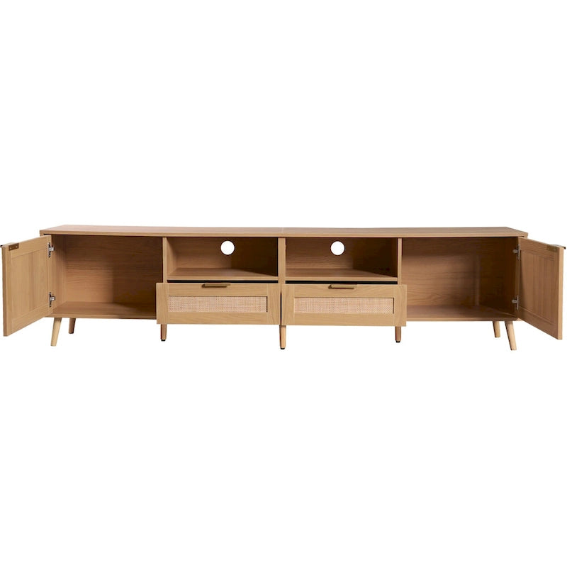 Rattan TV Stand for up to 85" TVs - Farmhouse Media Console with Solid Wood Legs