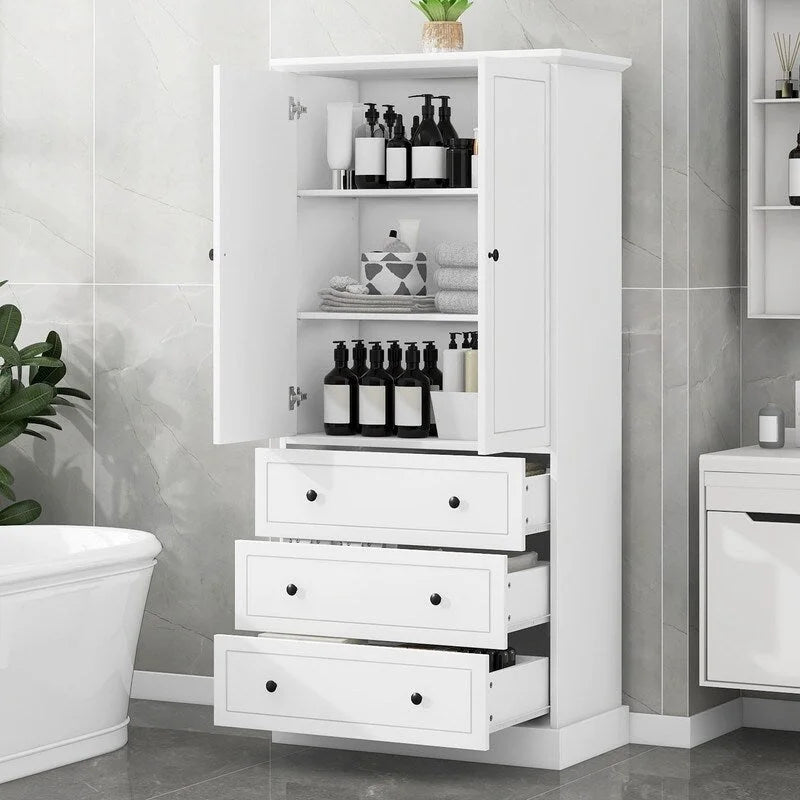White Freestanding Bathroom Cabinet with 2 Doors, 3 Drawers, and Adjustable Shelves