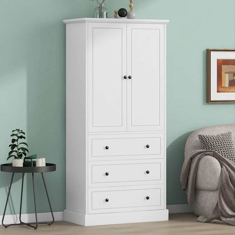 White Freestanding Bathroom Cabinet with 2 Doors, 3 Drawers, and Adjustable Shelves