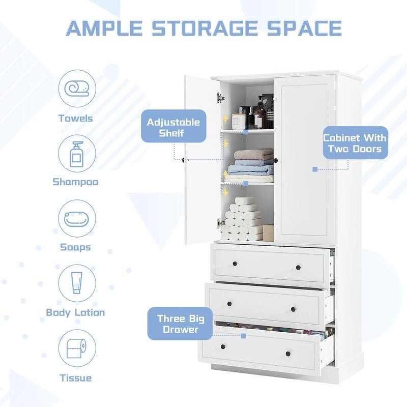 White Freestanding Bathroom Cabinet with 2 Doors, 3 Drawers, and Adjustable Shelves