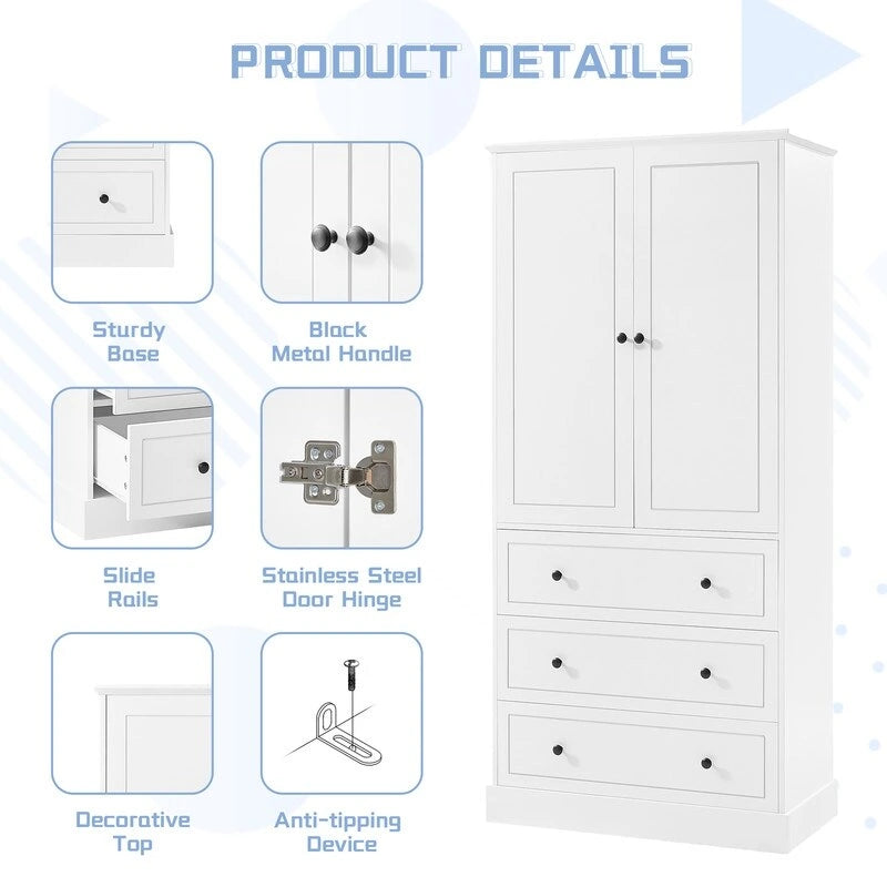 White Freestanding Bathroom Cabinet with 2 Doors, 3 Drawers, and Adjustable Shelves