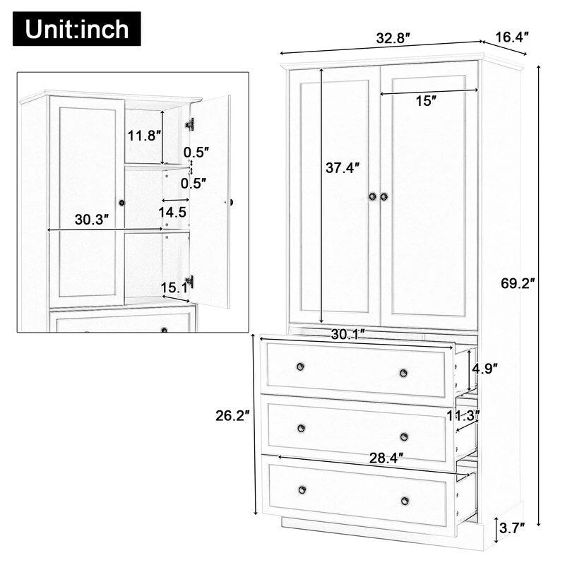 White Freestanding Bathroom Cabinet with 2 Doors, 3 Drawers, and Adjustable Shelves