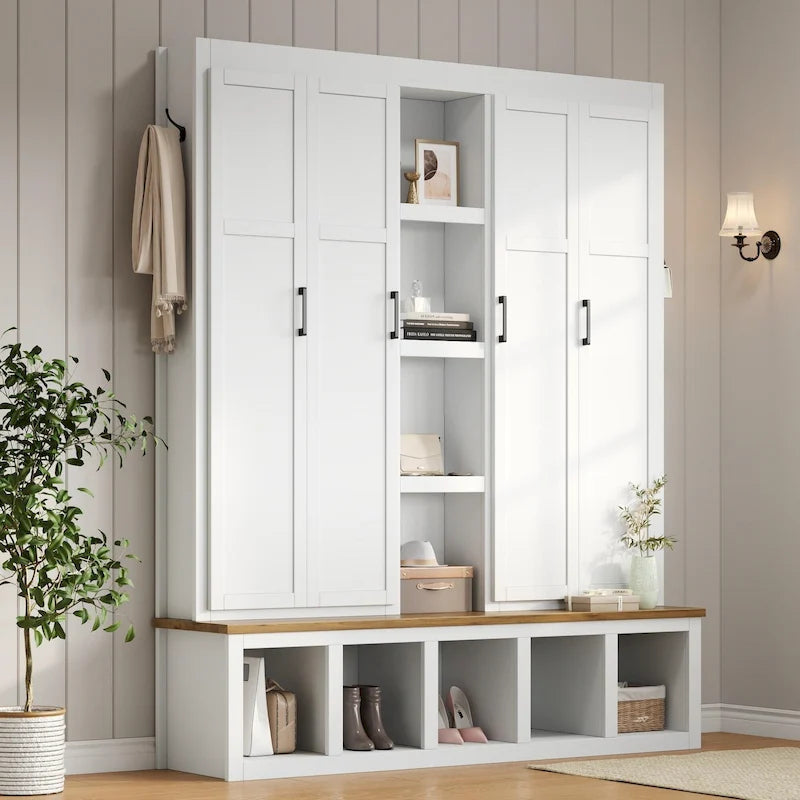 4-in-1 Farmhouse Hall Tree with Shoe Cabinet, Storage Bench, and 6 Hanging Hooks