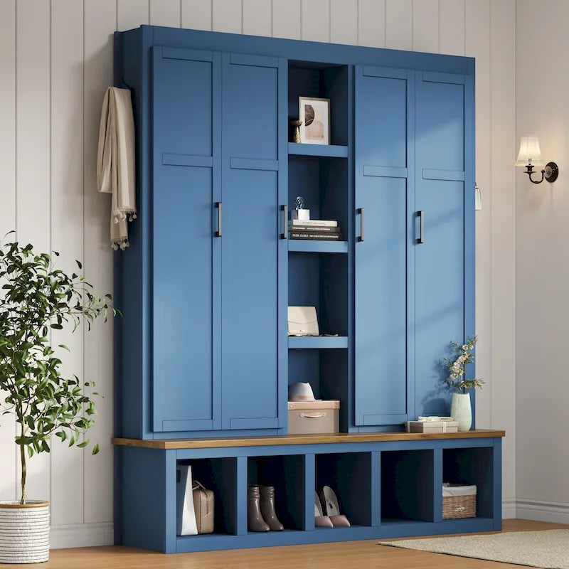 4-in-1 Farmhouse Hall Tree with Shoe Cabinet, Storage Bench, and 6 Hanging Hooks