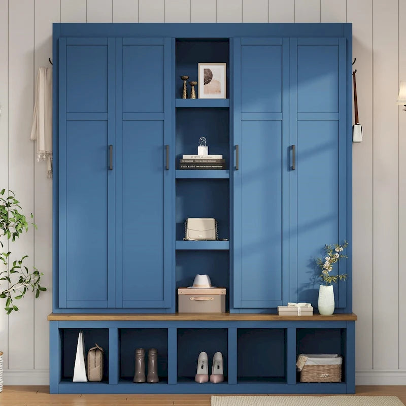 4-in-1 Farmhouse Hall Tree with Shoe Cabinet, Storage Bench, and 6 Hanging Hooks
