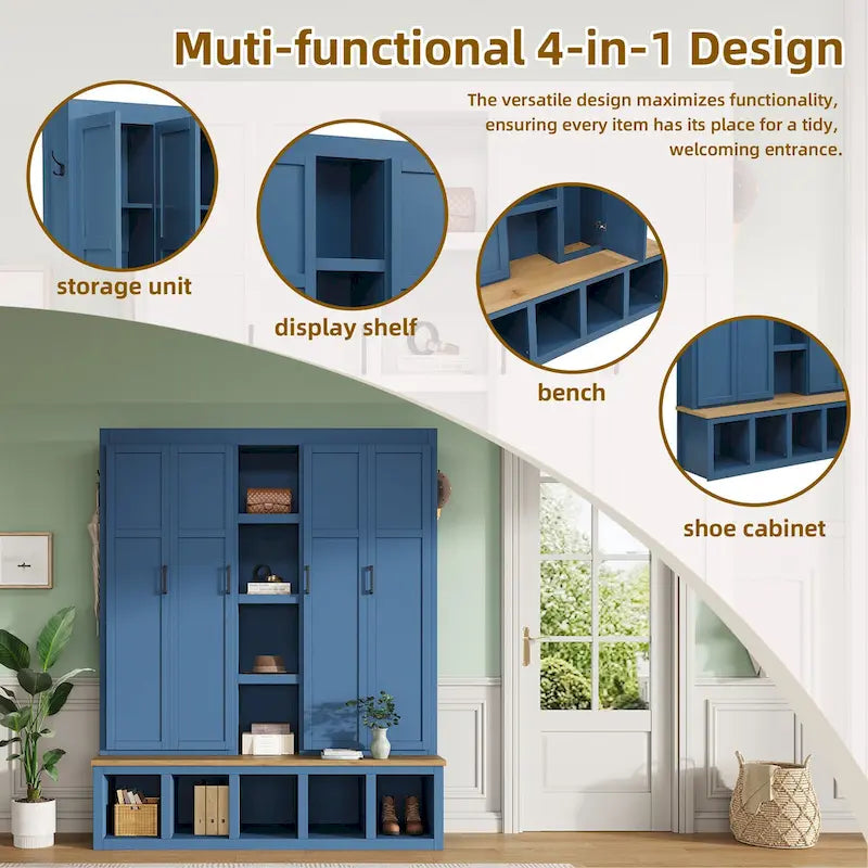 4-in-1 Farmhouse Hall Tree with Shoe Cabinet, Storage Bench, and 6 Hanging Hooks