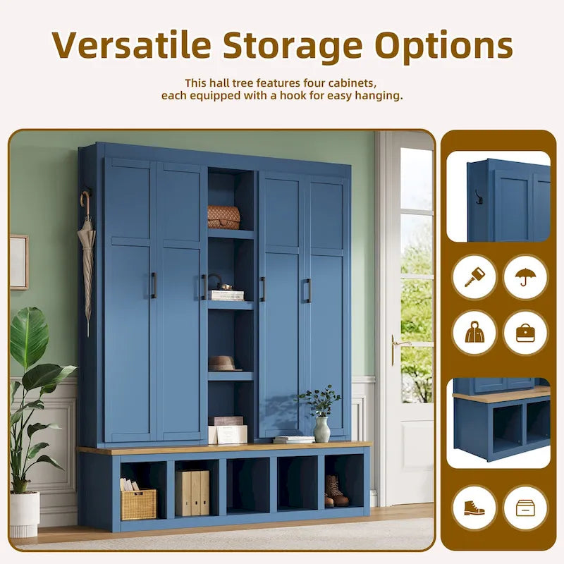 4-in-1 Farmhouse Hall Tree with Shoe Cabinet, Storage Bench, and 6 Hanging Hooks