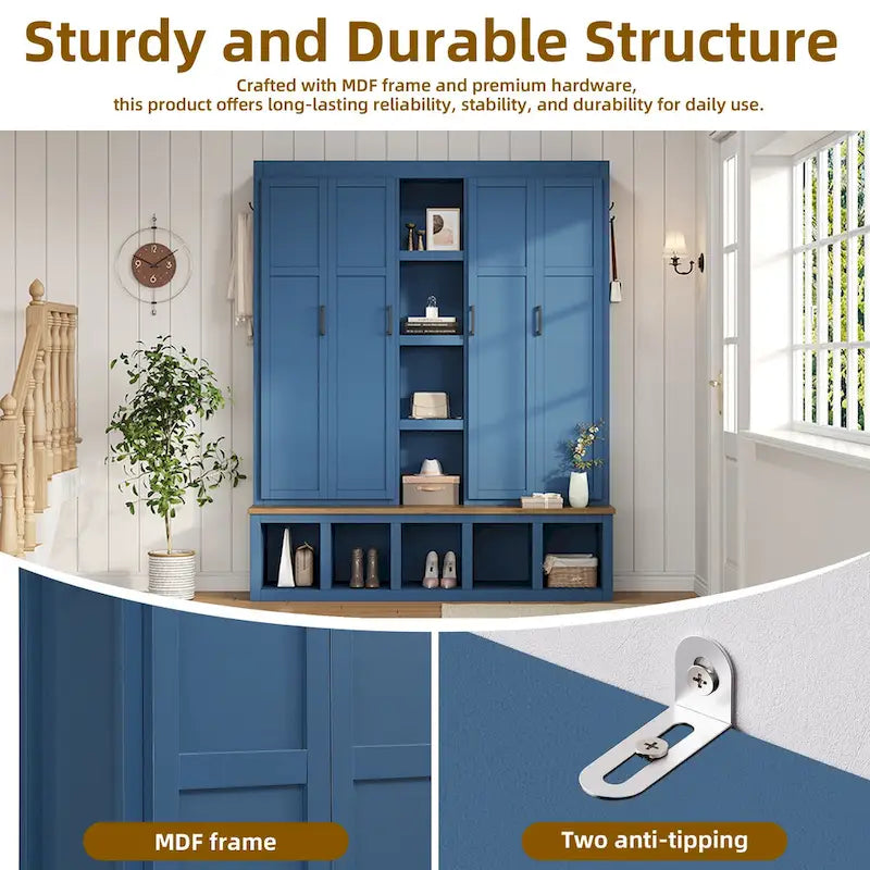 4-in-1 Farmhouse Hall Tree with Shoe Cabinet, Storage Bench, and 6 Hanging Hooks